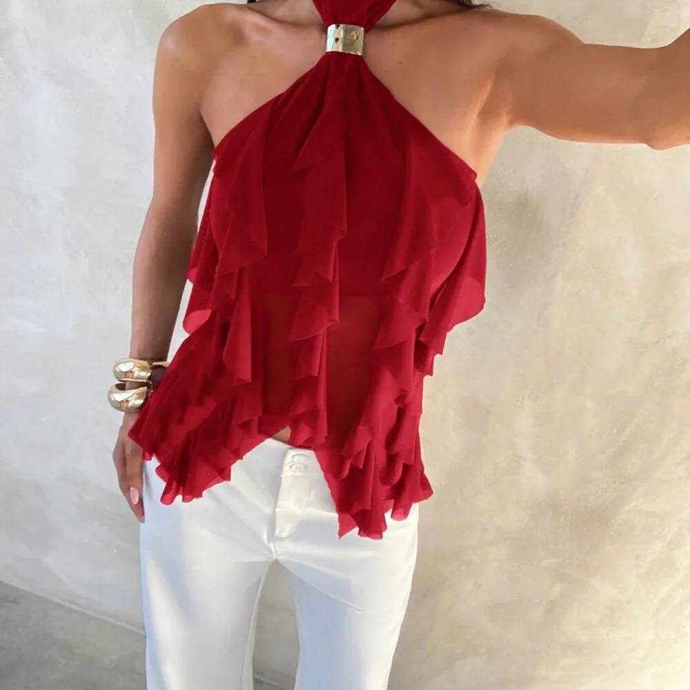 Red Casual Women's Elegant Multi-Layer Ruffle Trim Stand Collar Fitted Tank Top - Picture 6 of 8